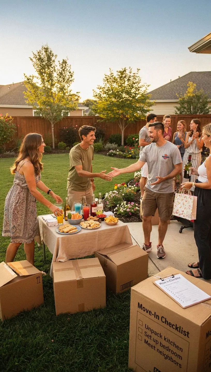 Rodzina urządzająca nowe mieszkanie z zakupionymi meblami i dekoracjami.
