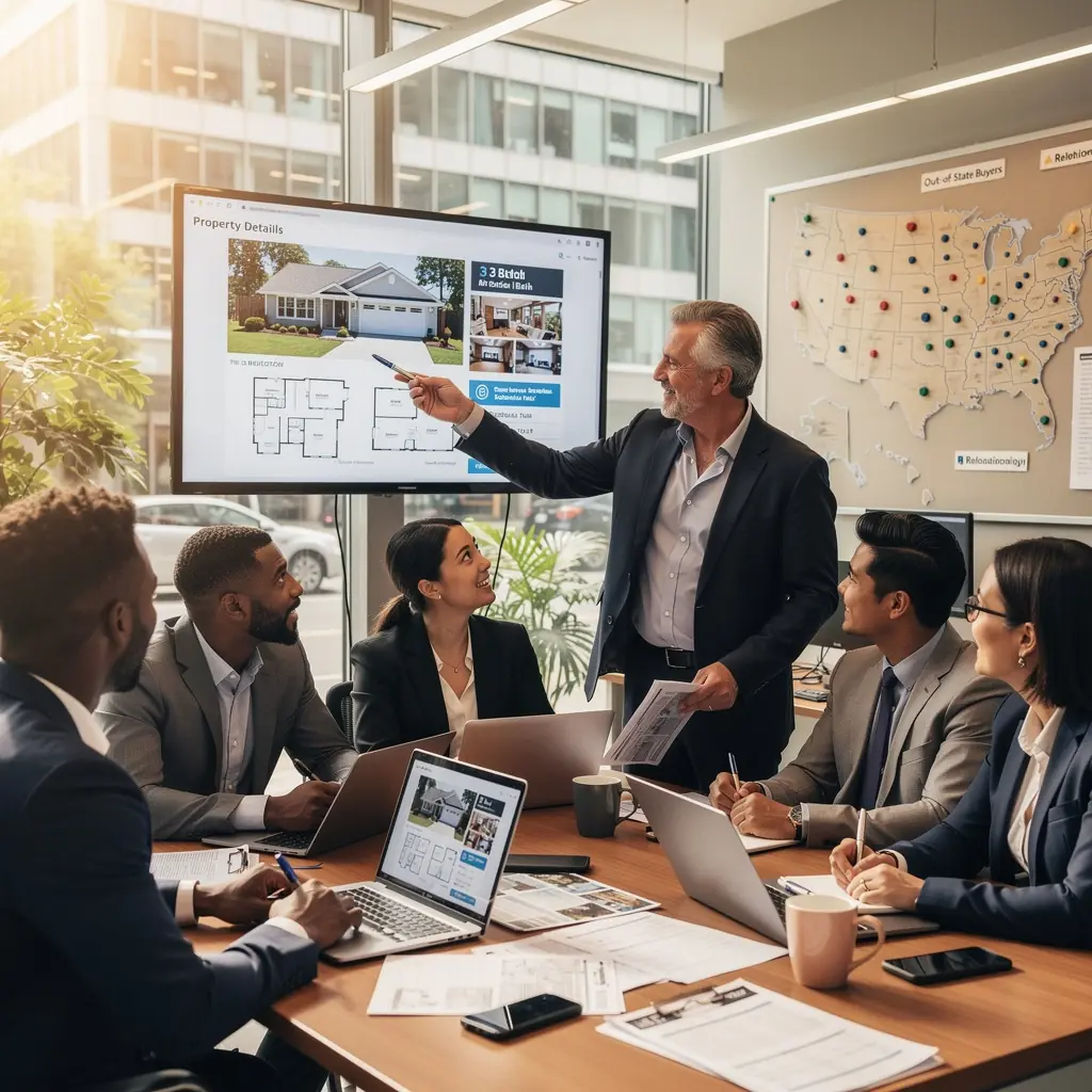 Zespół specjalistów omawiających opcje wynajmu mieszkań w Stanach Zjednoczonych.