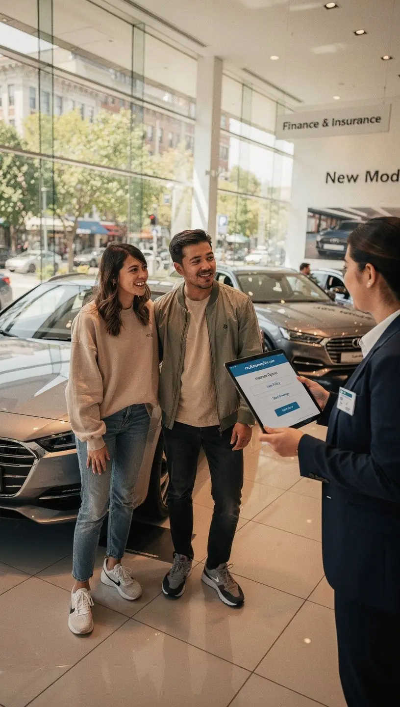 Zdjęcie młodego kierowcy przeglądającego różne opcje ubezpieczenia samochodowego w biurze.