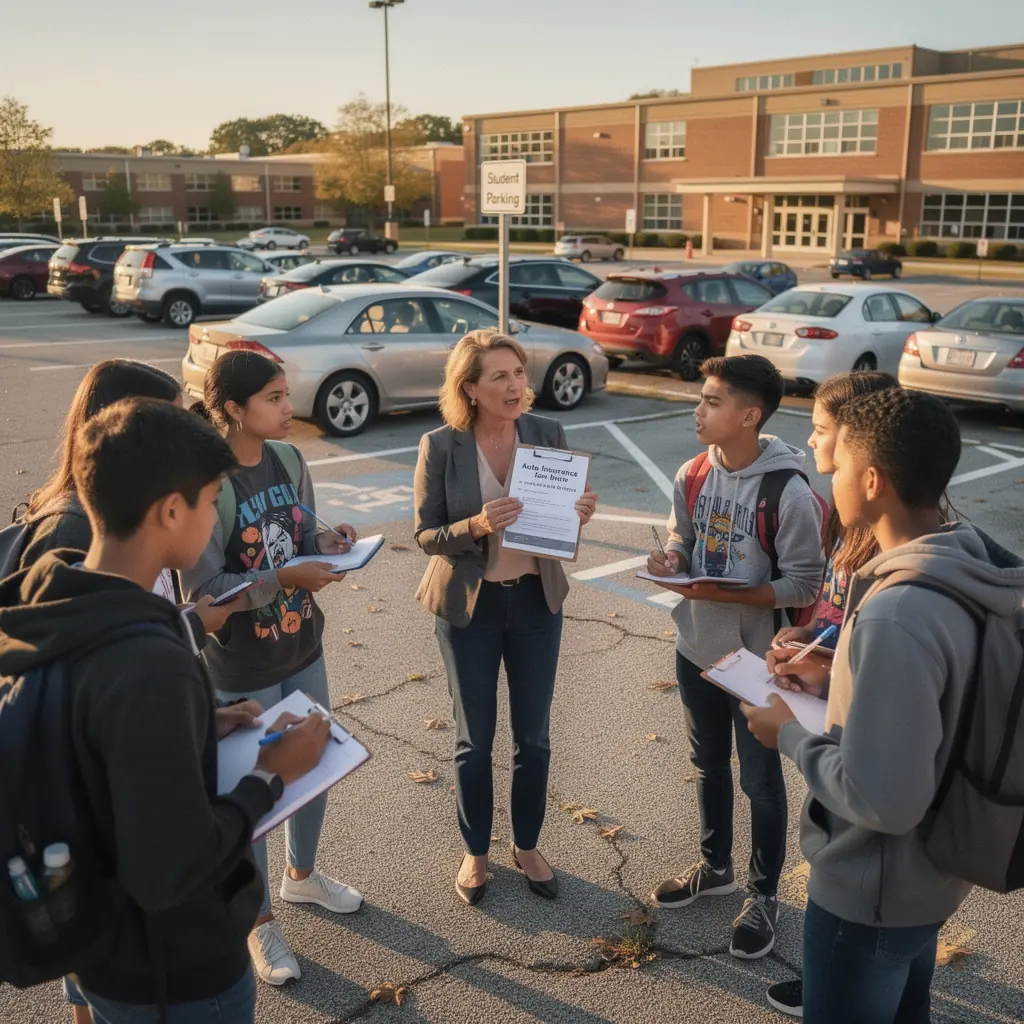 Ilustracja przedstawiająca komputer z otwartą stroną internetową porównującą różne polisy ubezpieczeniowe dla nowych kierowców.